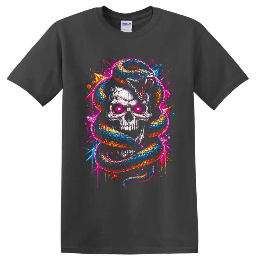 Neon graffiti-style skull with glowing pink eyes wrapped in a blue and orange snake on a Charcoal T Shirt