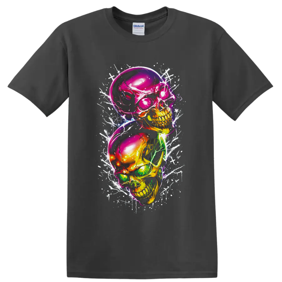 Two stacked neon skulls in glossy gothic graffiti art with white scratch and splatter on a Charcoal T Shirt