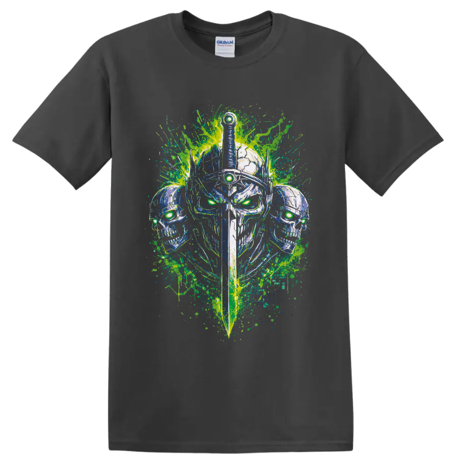 Cyberpunk armored skull warrior with sword, glowing green eyes, and paint splatters on a Charcoal T Shirt