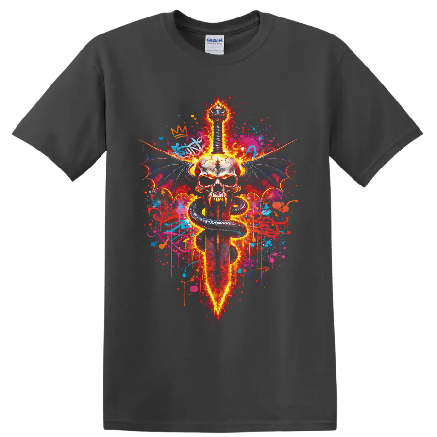 Fiery gothic skull with sword, coiled serpent, bat wings, and graffiti splatters on a Charcoal T Shirt