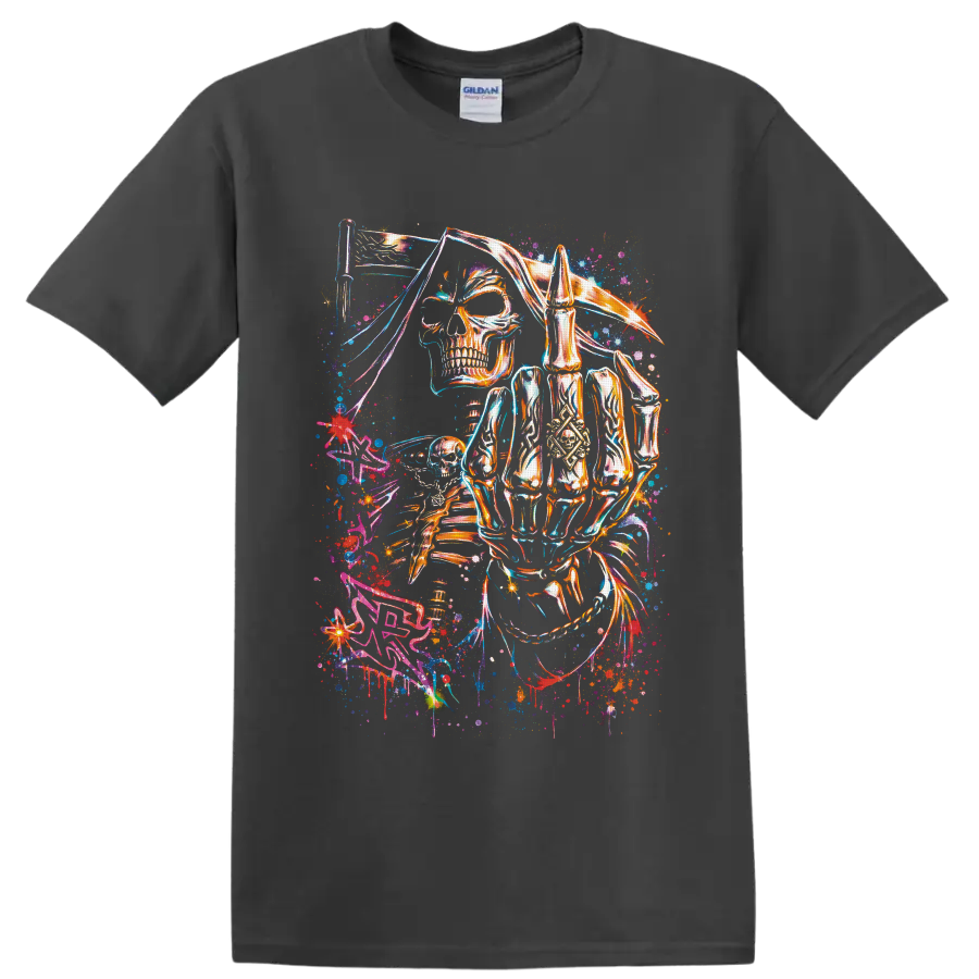 Neon grim reaper skeleton with scythe in cosmic graffiti art on a Charcoal T Shirt