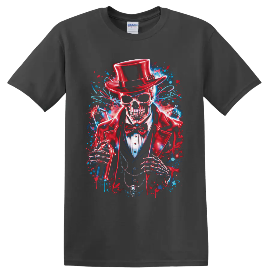 Top-hatted skeleton gentleman with spray cans in vivid red and blue graffiti art on a Charcoal T Shirt