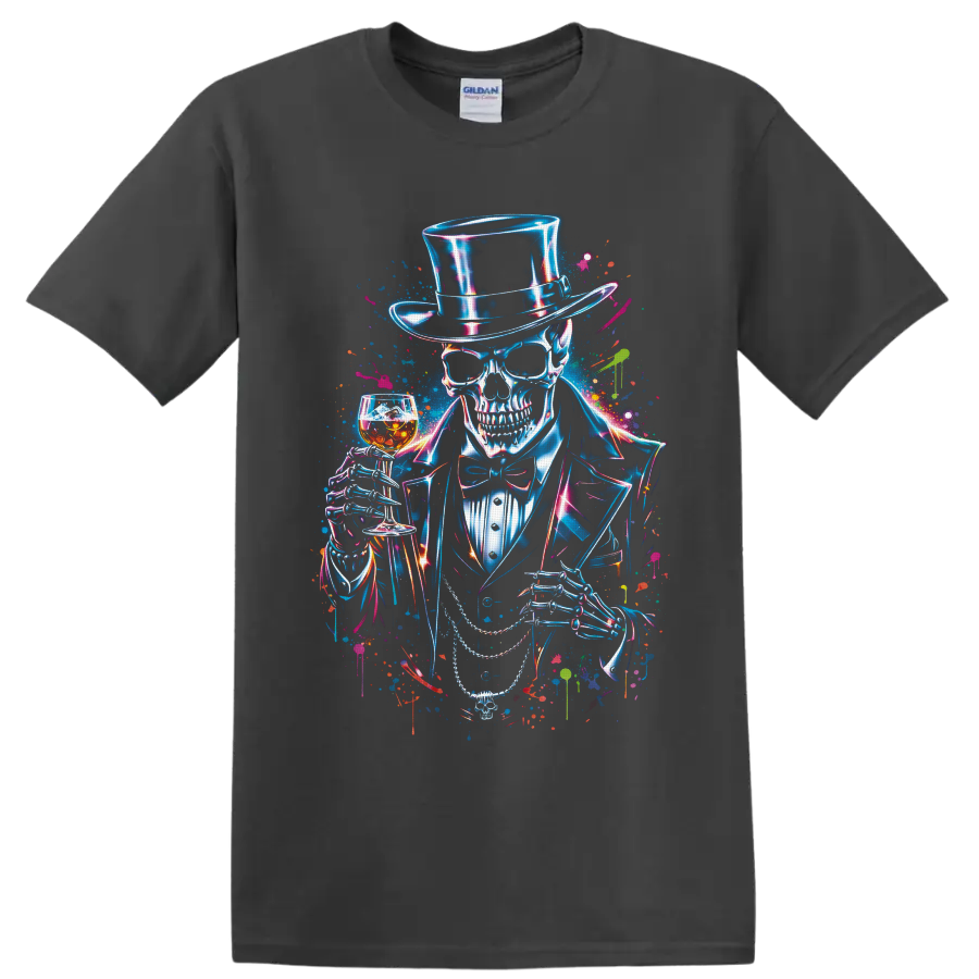 Neon gothic skeleton in top hat holding whiskey glass and cane splatter art on a Charcoal T Shirt