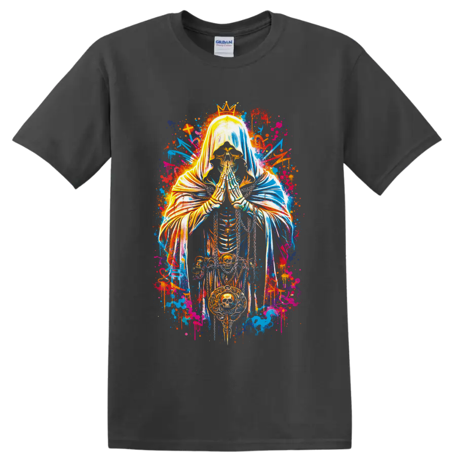 Crowned praying skeleton with skull medallion in neon gothic graffiti art on a Charcoal T Shirt