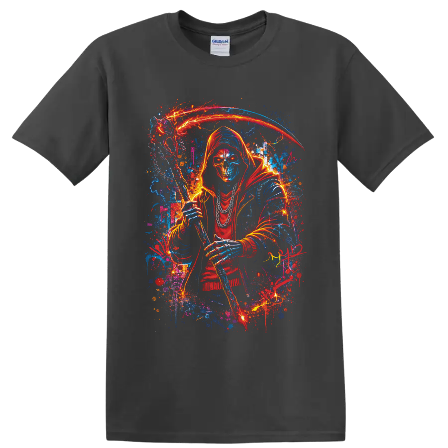 Neon hooded Grim Reaper skull holding a glowing scythe amid lightning and paint splatters on a Charcoal T Shirt