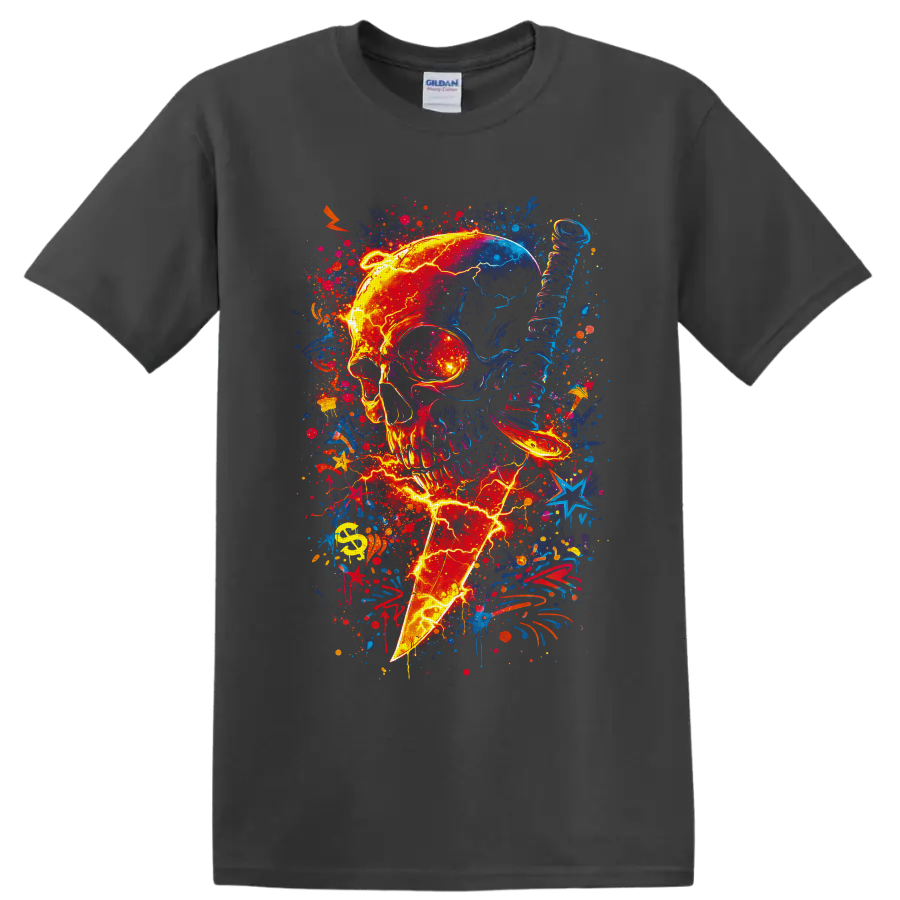 Neon skull pierced by lightning bolt with vibrant graffiti splatters and stars on a Charcoal T Shirt