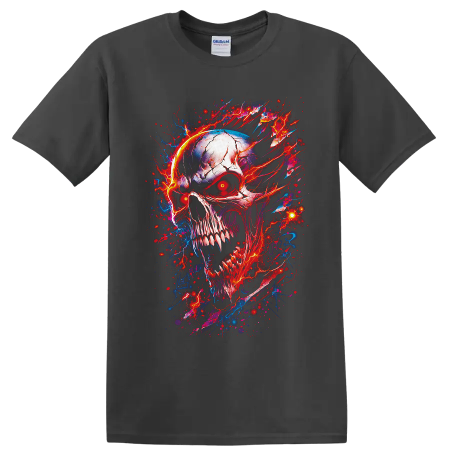 Cracked horror skull with glowing red eyes and red-blue lightning splatter art on a Charcoal T Shirt