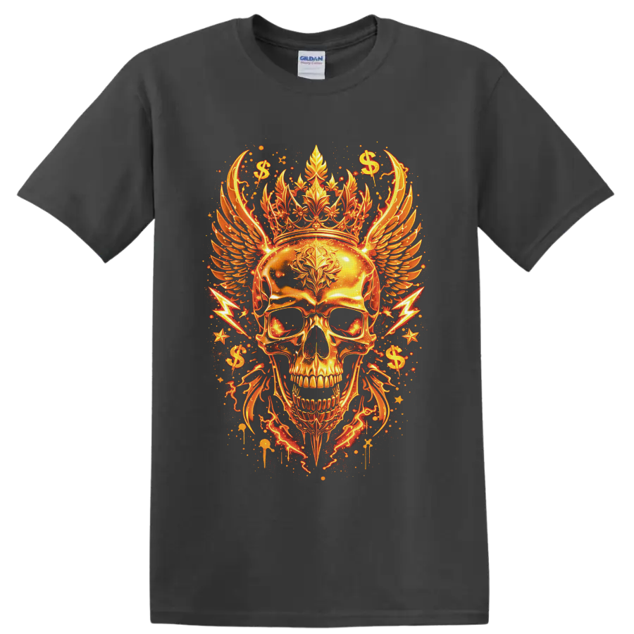 Golden crowned skull with feathered wings, dollar signs, stars, and lightning on a Charcoal T Shirt