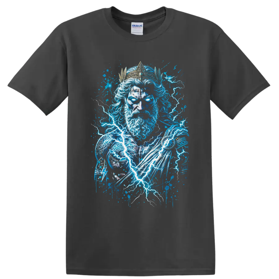 Zeus-inspired crowned lightning god in electric blue storm graffiti art on a Charcoal T Shirt