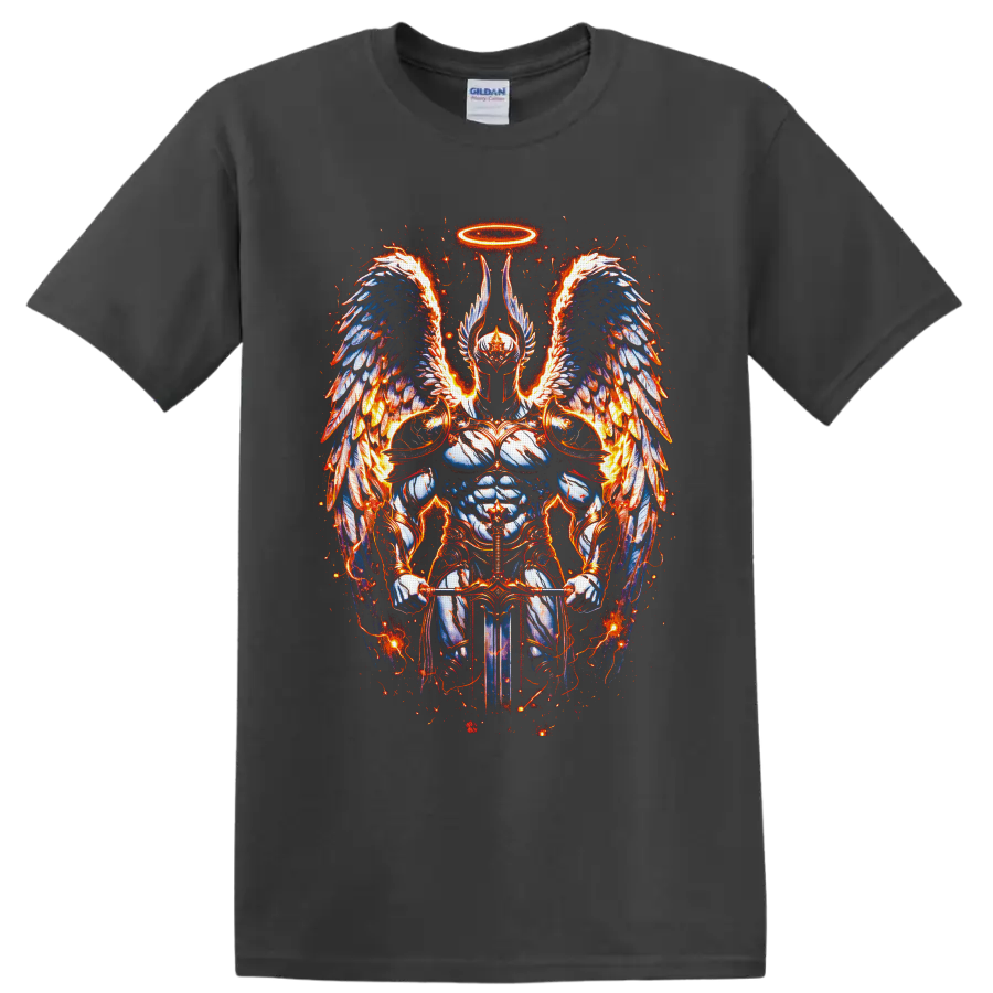 Armored angelic warrior with halo, fiery blue feathered wings, and sword fantasy art on a Charcoal T Shirt