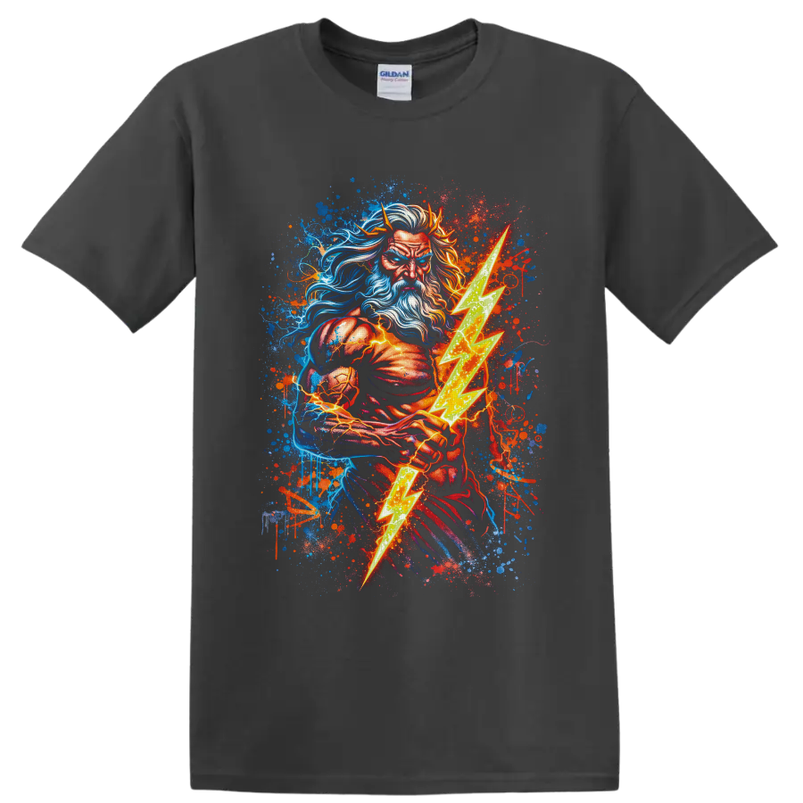 Bearded thunder god warrior holding a glowing lightning bolt in vibrant graffiti art on a Charcoal T Shirt