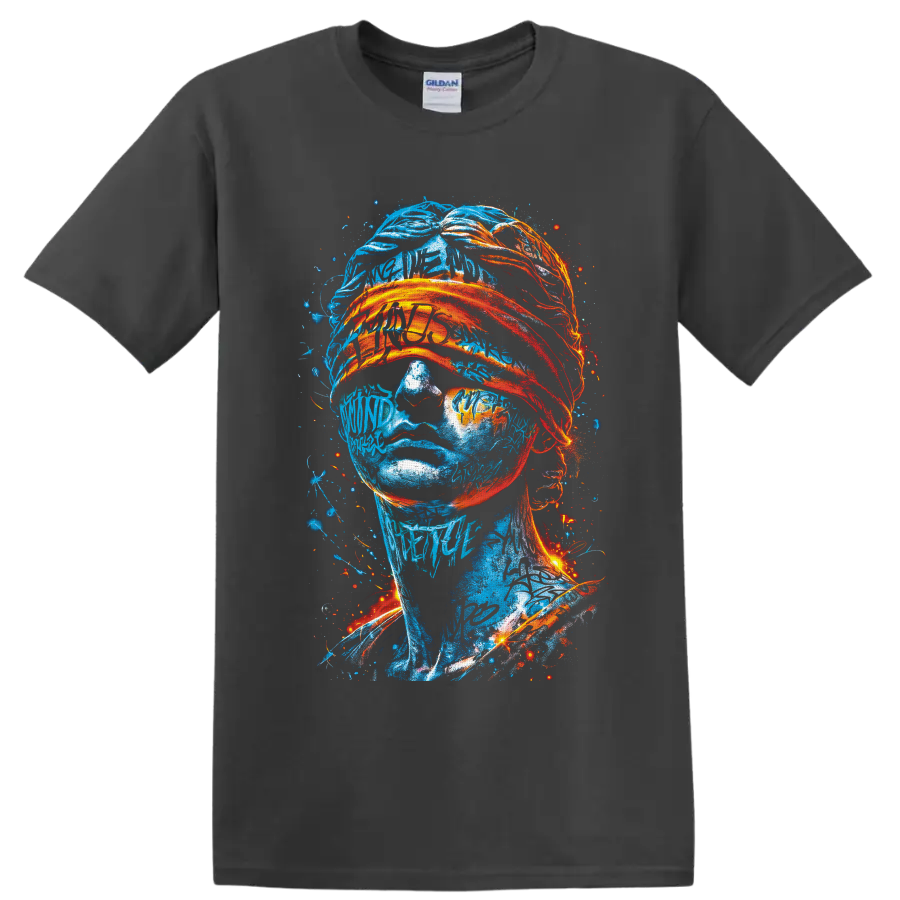 Abstract blue portrait with fiery orange wrapped fabric and neon graffiti splatters on a Charcoal T Shirt