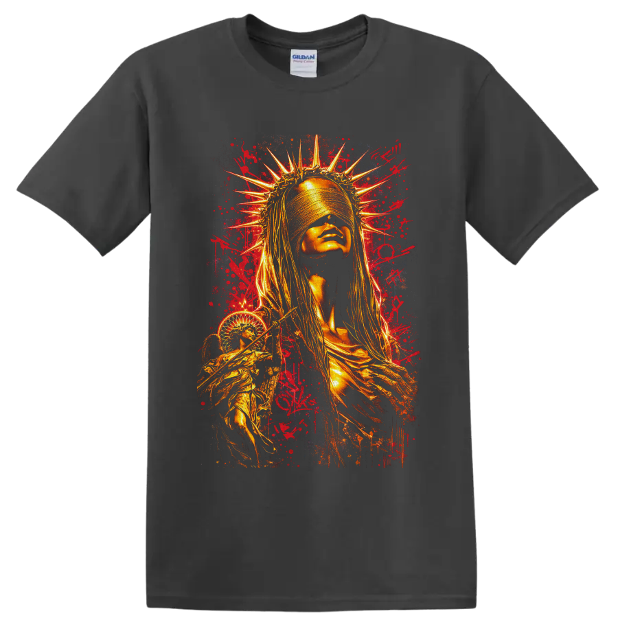 Golden blindfolded crowned woman with graffiti splatters and winged liberty-inspired on a Charcoal T Shirt