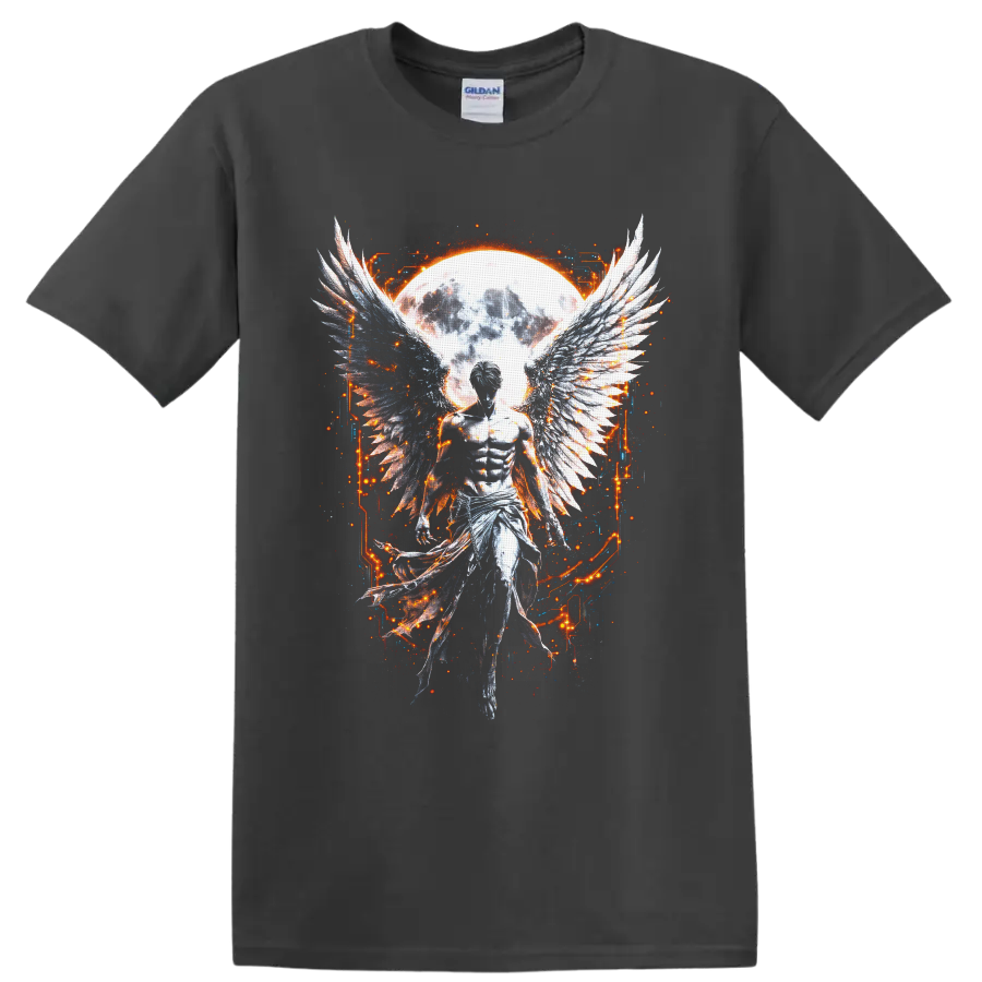 Fallen angel with feathered wings before a glowing moon in gothic fantasy art on a Charcoal T Shirt