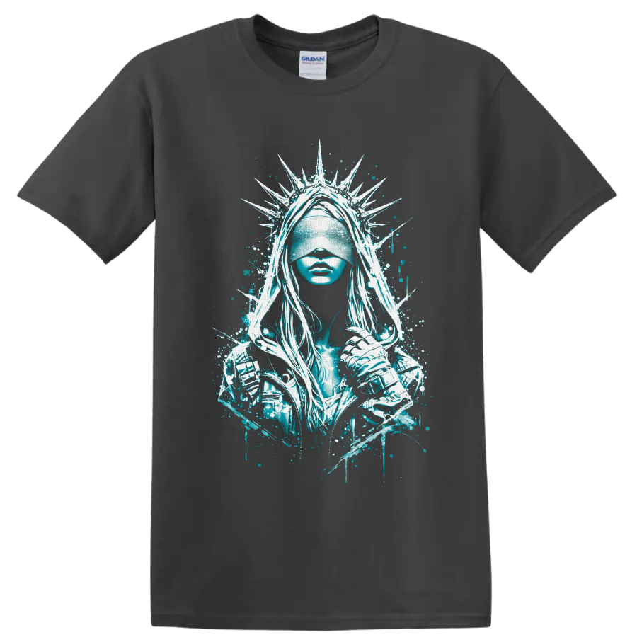 Blindfolded crowned warrior woman in teal gothic splatter art with spiked halo on a Charcoal T Shirt