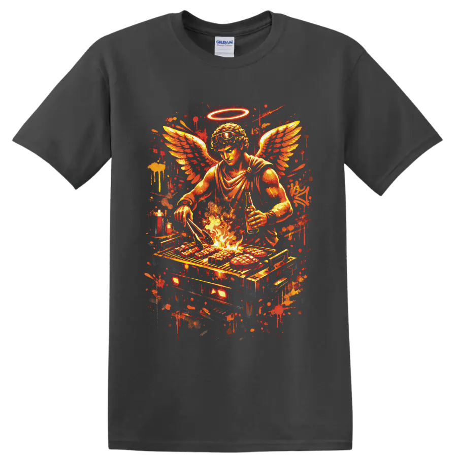 Fiery winged angel chef grilling over flames with halo, sunglasses, and paint splatters on a Charcoal T Shirt