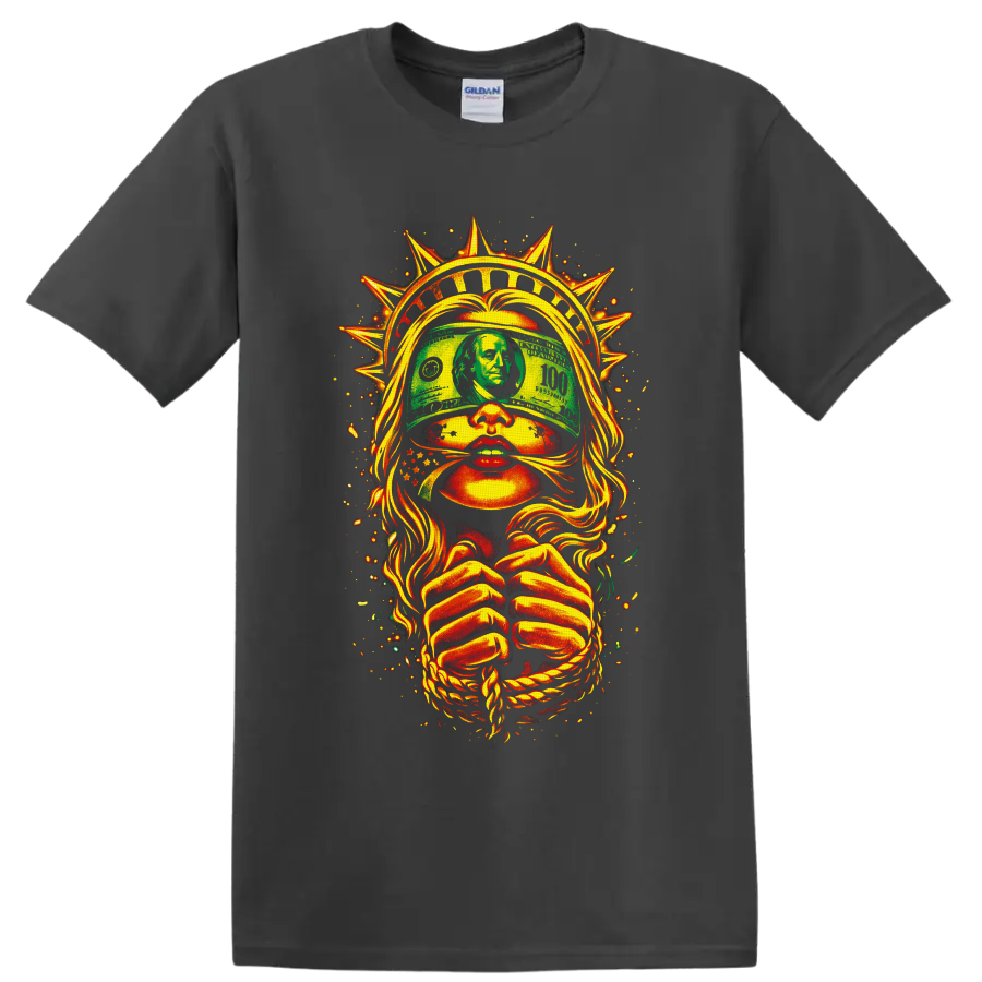 Blindfolded liberty lady with dollar bill, spiked crown, rope, and fiery street art on a Charcoal T Shirt