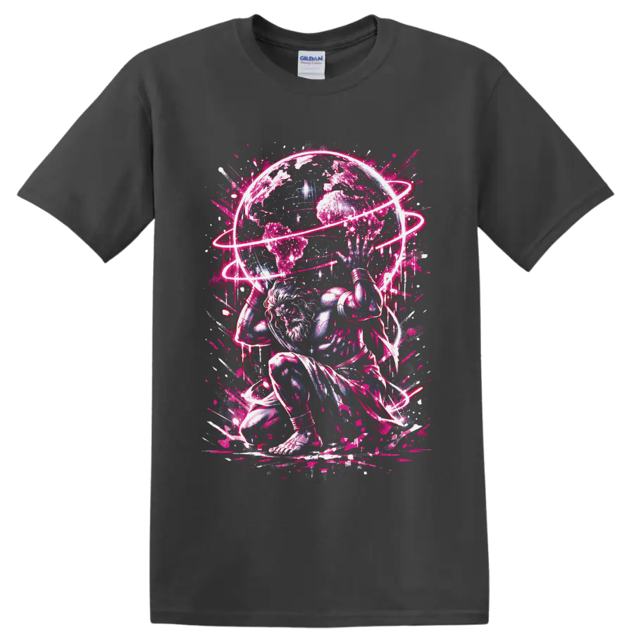 White-haired cosmic warrior beneath a globe with neon-pink orbital rings on a Charcoal T Shirt