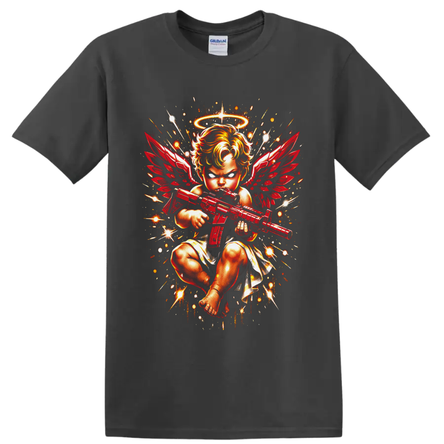 Fierce haloed angel baby with red wings holding a rifle in fiery fantasy art on a Charcoal T Shirt