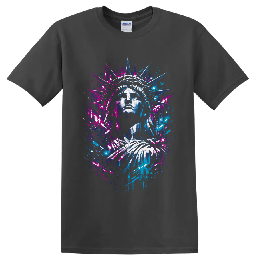 Statue of Liberty portrait in neon graffiti street-art style with urban splatter accents on a Charcoal T Shirt
