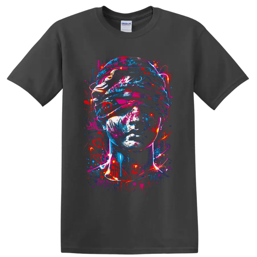 Neon graffiti-style soldier helmet portrait with paint splatters and glowing light trails on a Charcoal T Shirt