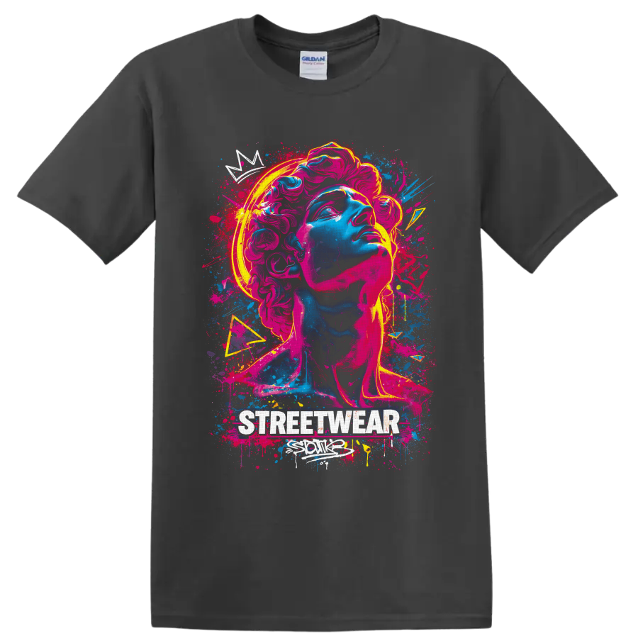 Neon graffiti classical statue bust with paint splashes and STREETWEAR text on a Charcoal T Shirt