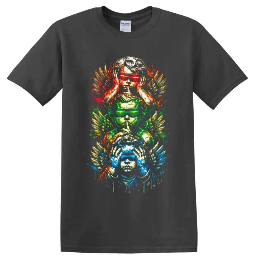 Three winged figures portraying hear, speak, and see no evil in neon splatter art on a Charcoal T Shirt