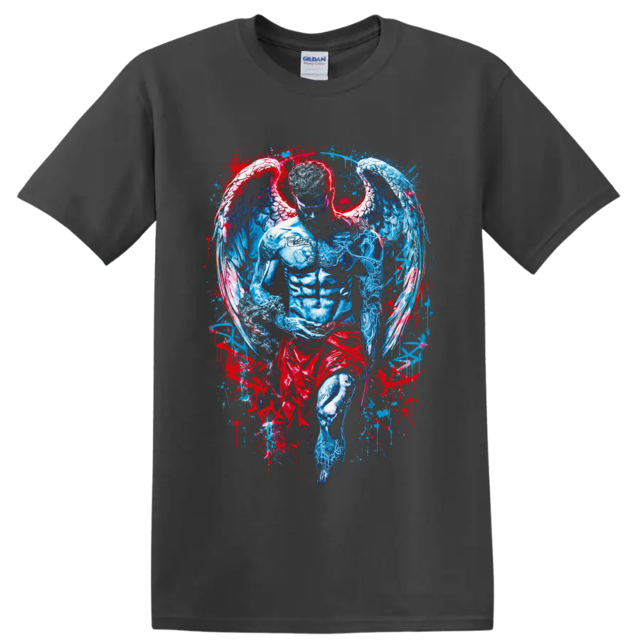 Winged angel warrior in blue and crimson gothic fantasy splatter illustration on a Charcoal T Shirt