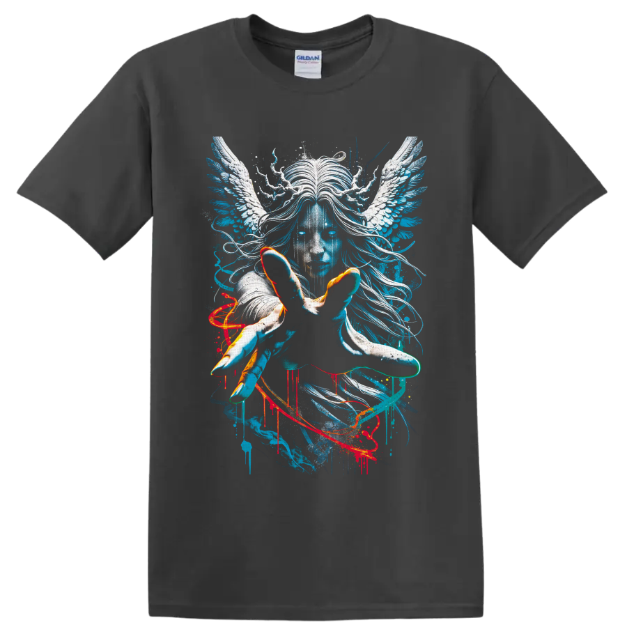Surreal blue winged portrait with white angel wings, flowing hair, and paint splatter on a Charcoal T Shirt