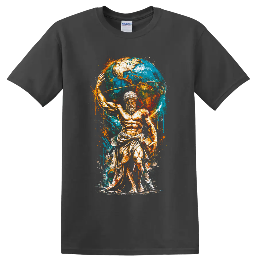 Atlas-inspired classical Titan with a blue world globe in distressed vintage paint art on a Charcoal T Shirt
