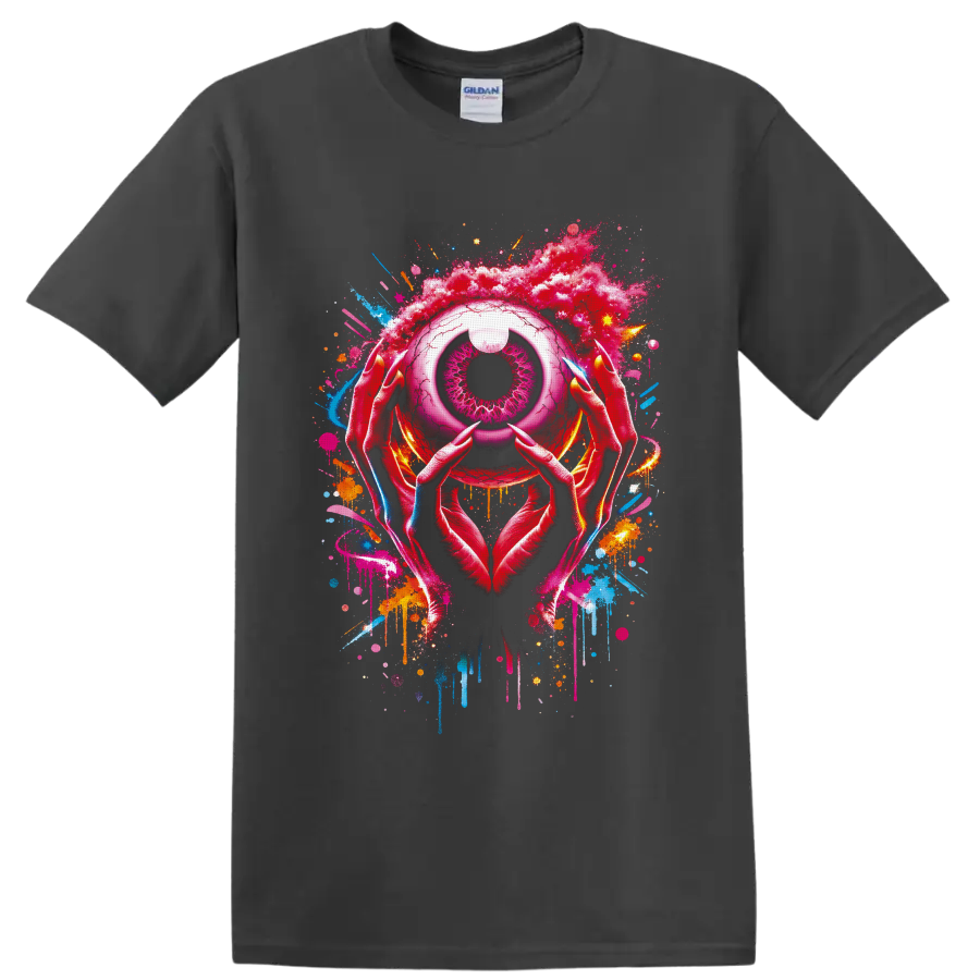 Surreal pink eye held by pointed hands with neon graffiti splatters and drips on a Charcoal T Shirt