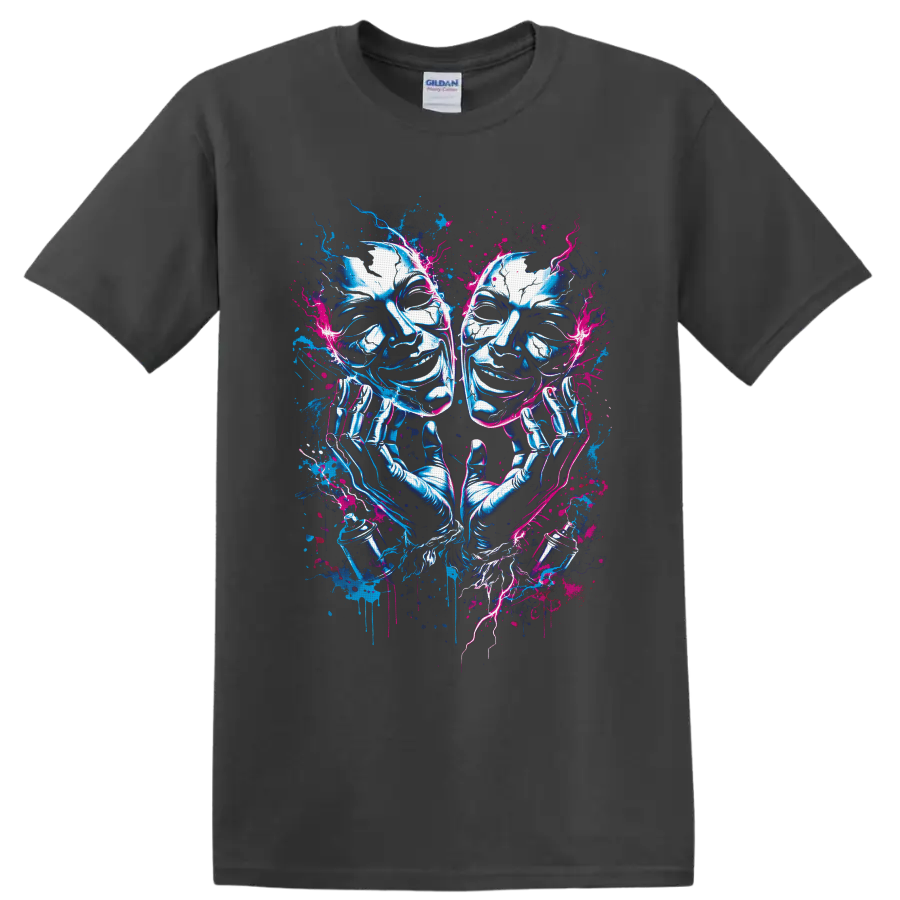 Comedy and tragedy theater masks with gloved hands in neon blue and pink graffiti art on a Charcoal T Shirt
