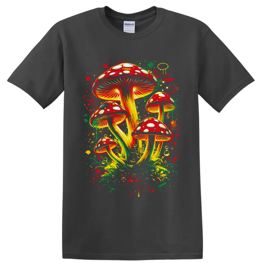 Psychedelic red spotted mushroom cluster with golden gills and forest splatters on a Charcoal T Shirt