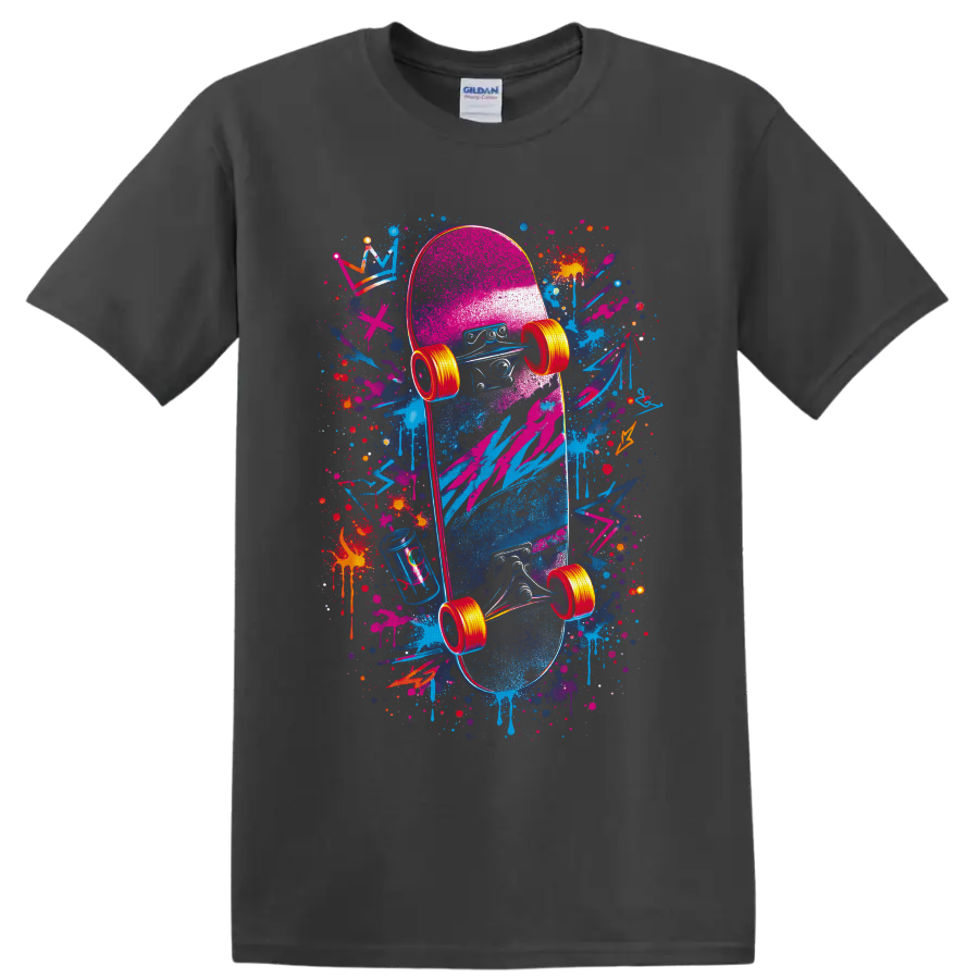 Neon graffiti-style skateboard graphic with paint splatters, drips, and bright wheels on a Charcoal T Shirt