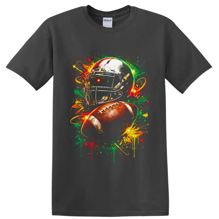 Football helmet and ball with vibrant graffiti-style paint splashes on a Charcoal T Shirt