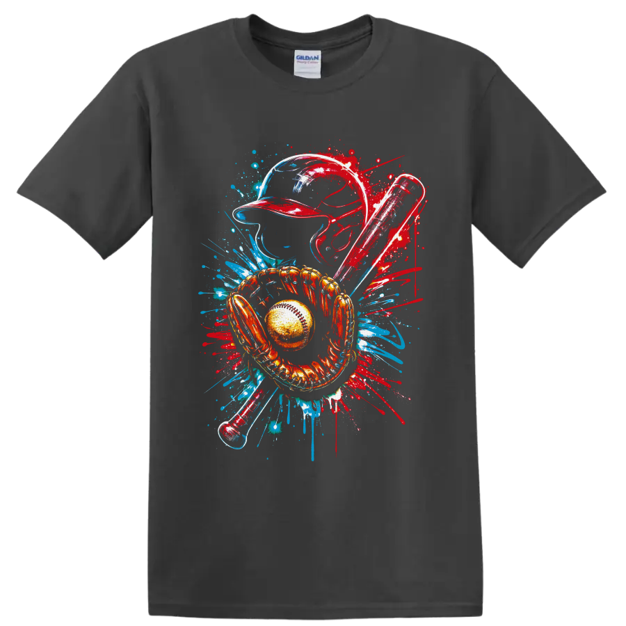 Baseball catcher helmet, mitt, ball and bats in red and blue graffiti splash art on a Charcoal T Shirt
