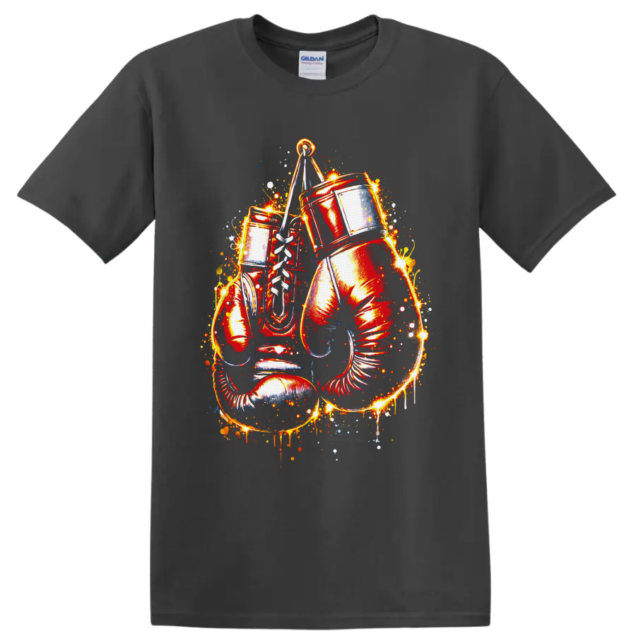Fiery drum set with cymbal, drumsticks, sparks, and paint splatter graphic on a Charcoal T Shirt