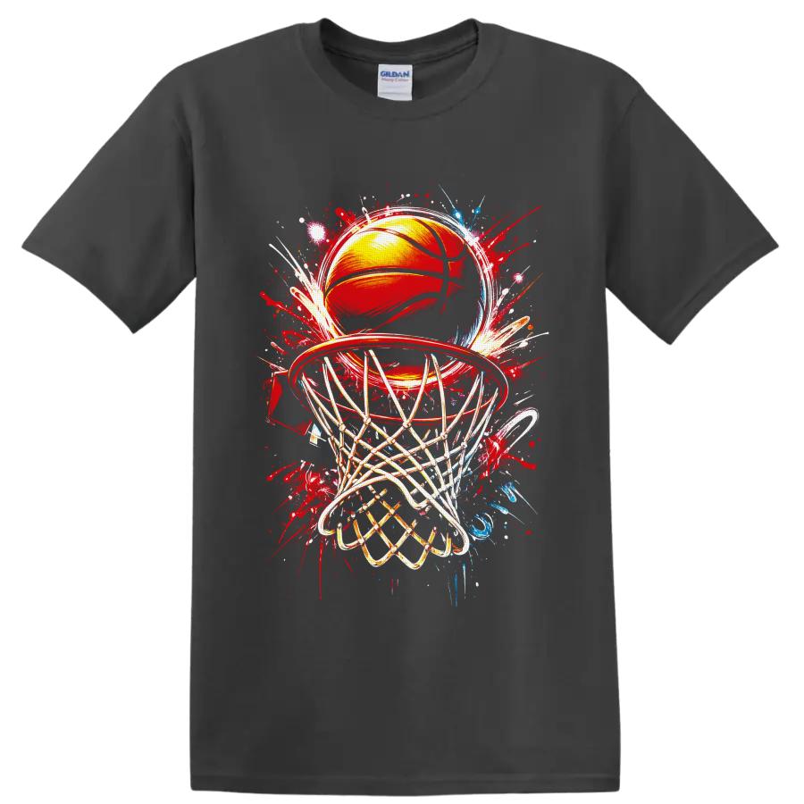 Basketball hoop and ball with net in colorful graffiti splash art on a Charcoal T Shirt