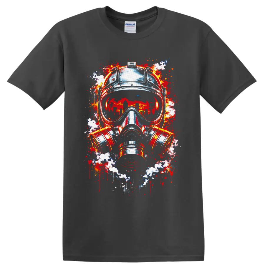 Dystopian gas mask illustration with burning city skyline, flames, smoke, and paint on a Charcoal T Shirt