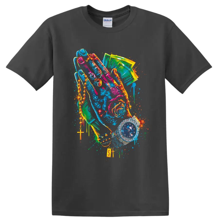 Colorful urban collage of high-top sneakers, cash, chains, roses, cross pendant, and watch on a Charcoal T Shirt