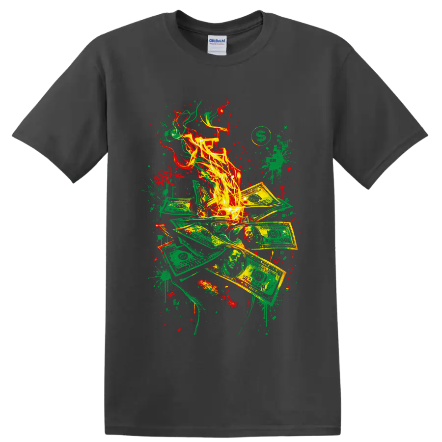 Burning dollar bills with flames and red-green graffiti paint splatters on a Charcoal T Shirt