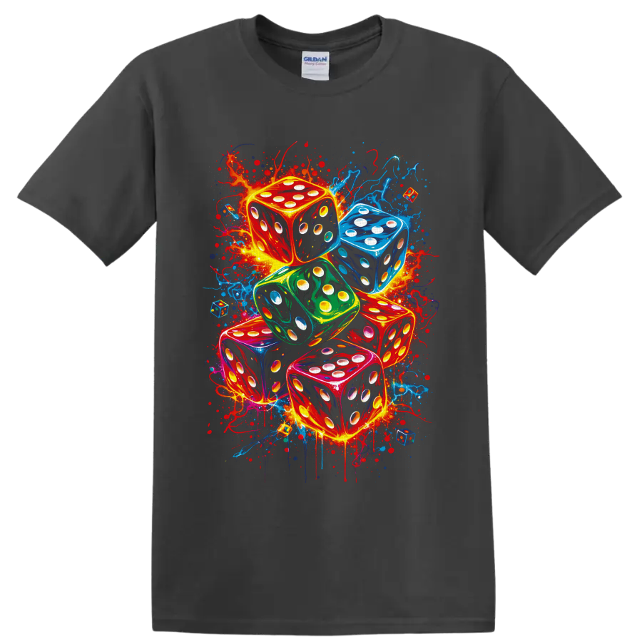 Colorful stacked dice in neon graffiti style with glowing pips and paint splatters on a Charcoal T Shirt