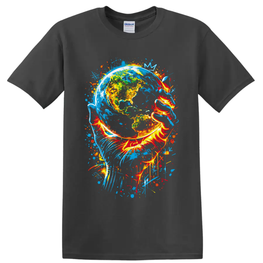 Colorful Earth globe graffiti art with fiery ribbons, blue paint splashes, and drips on a Charcoal T Shirt