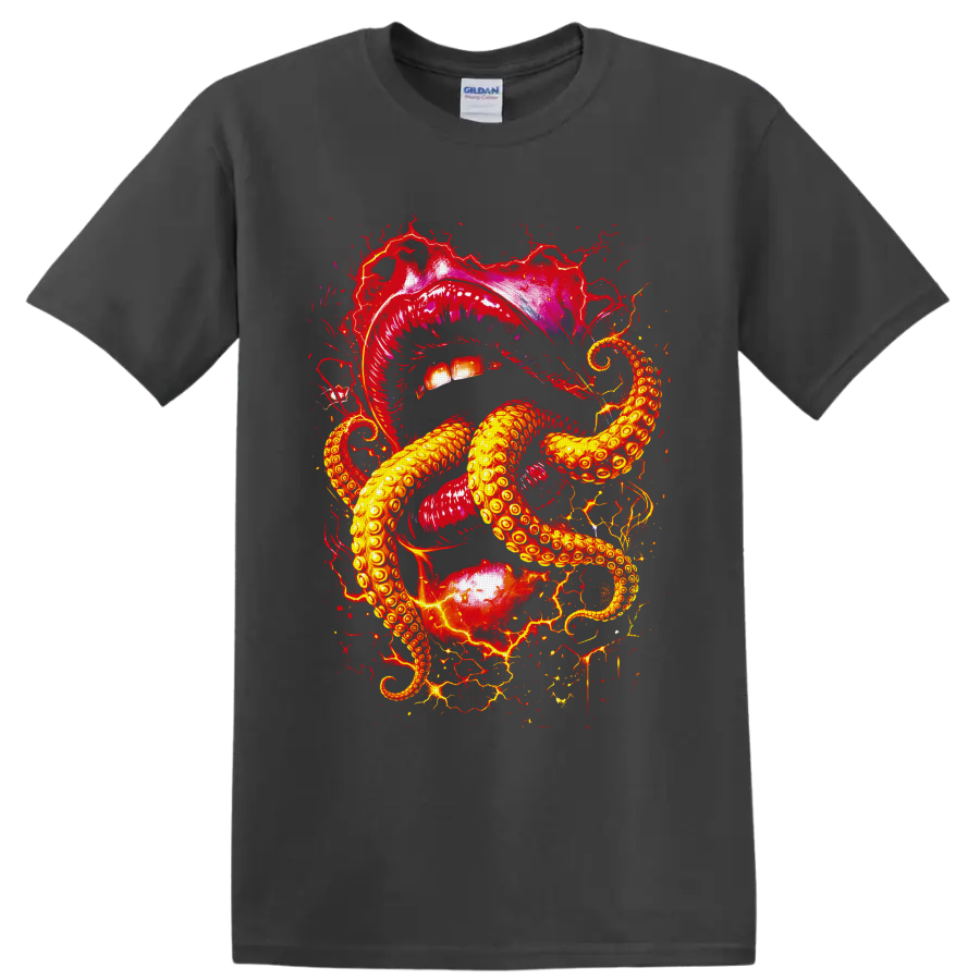 Surreal crimson lips with golden octopus tentacles in gothic splatter art on a Charcoal T Shirt