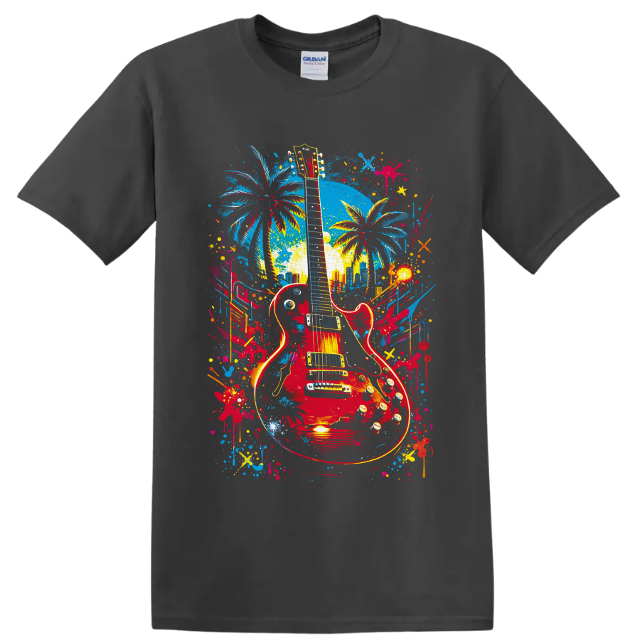 Red electric guitar with palm trees, skyline, and colorful graffiti paint splashes on a Charcoal T Shirt