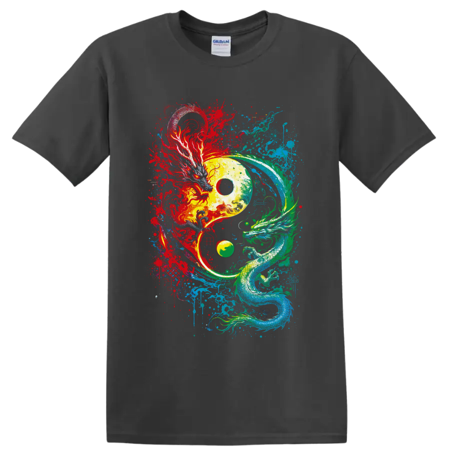 Yin yang with red phoenix and teal dragon in vibrant splatter art on a Charcoal T Shirt