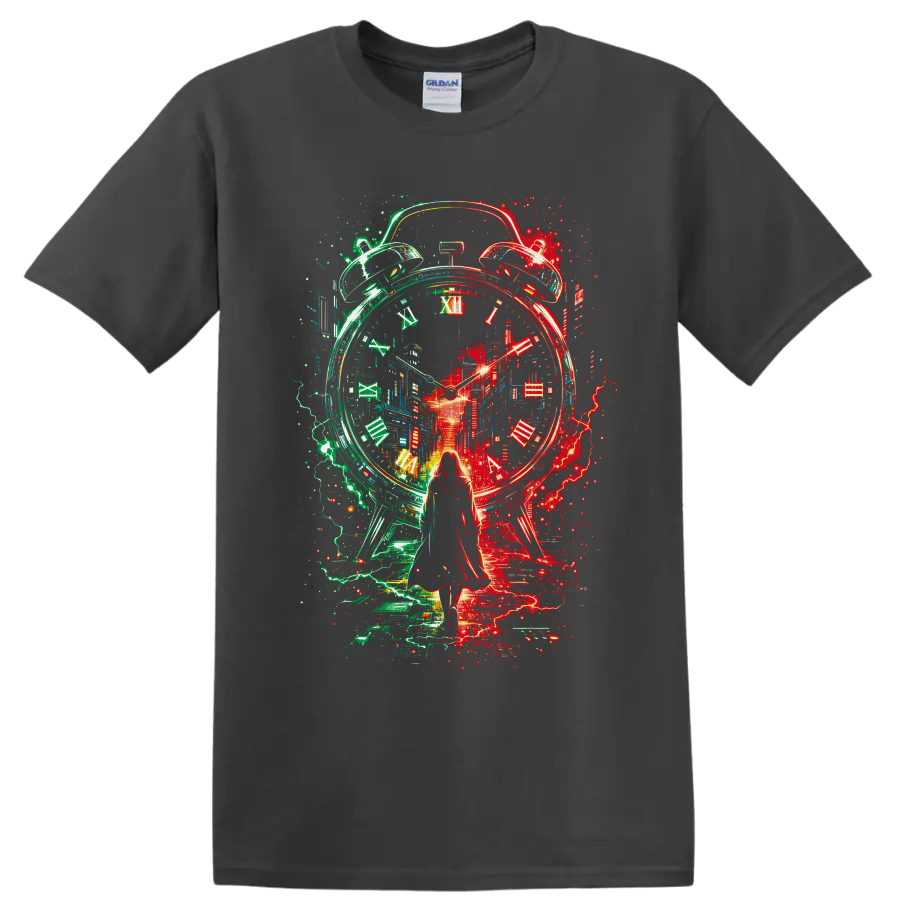 Surreal neon alarm clock and futuristic city with a woman silhouette on a Charcoal T Shirt