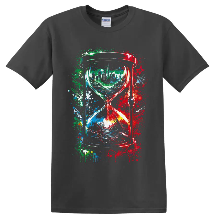Abstract hourglass with city skyline, flowing landscape, and colorful paint splatters on a Charcoal T Shirt
