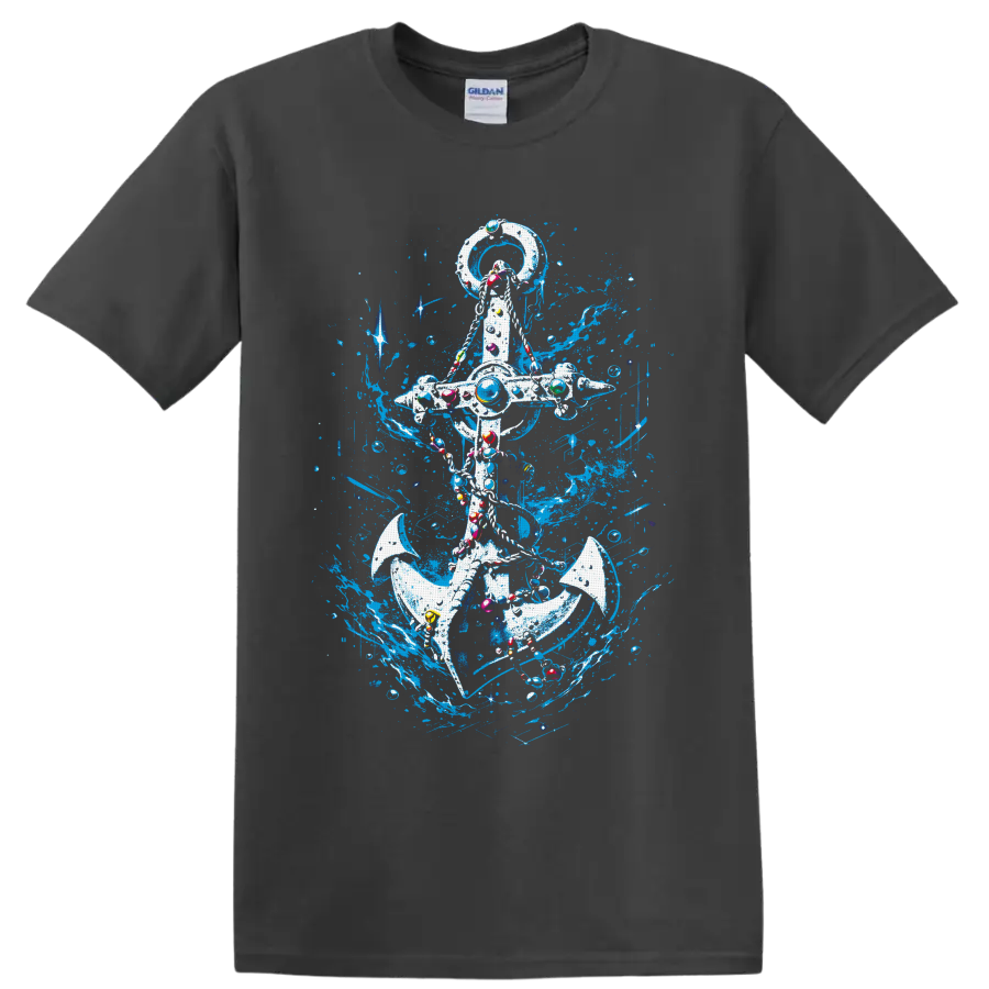 Ornate nautical anchor with electric-blue ocean splashes, bubbles, and colorful accents on a Charcoal T Shirt