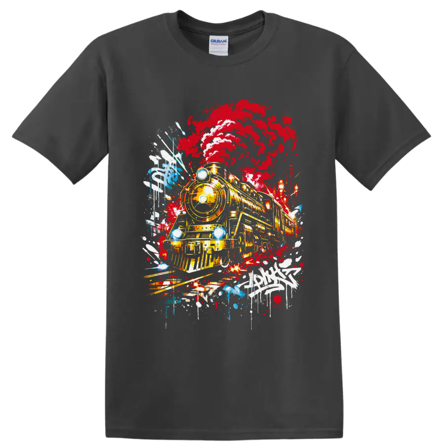 Steam locomotive with red smoke in vivid graffiti-style railroad artwork on a Charcoal T Shirt